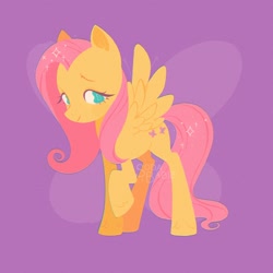 Size: 2048x2048 | Tagged: dead source, safe, artist:daisycorpse, artist:sodababie, artist:vanillavache, imported from derpibooru, fluttershy, butterfly, pegasus, pony, cute, cutie mark background, eyelashes, female, hair over one eye, high res, looking at you, mare, purple background, raised hoof, shyabetes, simple background, smiling, solo, sparkling mane, spread wings, standing, starry eyes, three quarter view, wingding eyes, wings