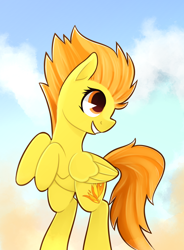 Size: 2800x3800 | Tagged: safe, artist:rivin177, imported from derpibooru, spitfire, oc, pegasus, pony, cloud, cute, feathered wings, hooves up, painted, solo, wings