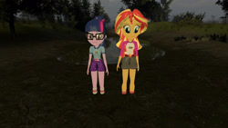 Size: 1280x720 | Tagged: safe, artist:pyrotech4, imported from derpibooru, sci-twi, sunset shimmer, twilight sparkle, equestria girls, legend of everfree, 3d, camp everfree logo, camp everfree outfits, gmod, mud, quicksand, sinking, smiling, swamp