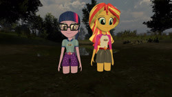Size: 1280x720 | Tagged: safe, artist:pyrotech4, imported from derpibooru, sci-twi, sunset shimmer, twilight sparkle, equestria girls, legend of everfree, 3d, camp everfree logo, camp everfree outfits, gmod, mud, quicksand, sinking, smiling, swamp