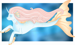 Size: 1280x775 | Tagged: safe, artist:ashestoashkar, imported from derpibooru, oc, oc only, hybrid, merpony, seapony (g4), blue background, deviantart watermark, fins, fish tail, flowing mane, horn, long mane, obtrusive watermark, ocean, signature, simple background, smiling, solo, swimming, tail, underwater, water, watermark