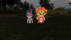 Size: 1280x720 | Tagged: safe, artist:pyrotech4, imported from derpibooru, sci-twi, sunset shimmer, twilight sparkle, equestria girls, legend of everfree, 3d, camp everfree logo, camp everfree outfits, gmod, mud, quicksand, sinking, smiling, swamp