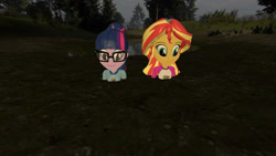 Size: 1280x720 | Tagged: safe, artist:pyrotech4, imported from derpibooru, sci-twi, sunset shimmer, twilight sparkle, equestria girls, legend of everfree, 3d, camp everfree logo, camp everfree outfits, gmod, mud, quicksand, sinking, smiling, swamp