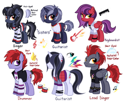 Size: 1280x1067 | Tagged: safe, artist:thecheeseburger, imported from derpibooru, oc, earth pony, pegasus, pony, unicorn, band, clothes, ear piercing, earring, female, group, guitar, jewelry, keyboard, male, mare, musical instrument, piercing, purple hair, red hair, simple background, smiling, stallion, transparent background