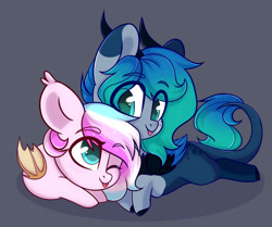 Size: 1280x1069 | Tagged: safe, artist:cloud-fly, imported from derpibooru, oc, oc only, oc:aura dancer, oc:orion (aledera), bat pony, pegasus, chibi, horns, lying down, prone, tongue out