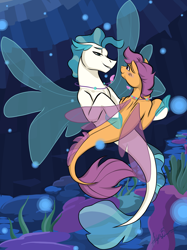 Size: 2048x2732 | Tagged: safe, artist:pitterpaint, imported from derpibooru, scootaloo, terramar, pegasus, pony, seapony (g4), blue eyes, blushing, bubble, clothes, coral, crepuscular rays, dorsal fin, female, fin wings, fins, fish tail, flowing tail, jewelry, lidded eyes, looking at each other, male, necklace, purple eyes, seaponified, seapony scootaloo, seaquestria, seaweed, see-through, shipping, signature, smiling, solo, species swap, straight, swimming, tail, terraloo, underwater, water, wings