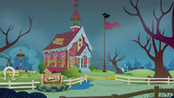 Size: 1280x720 | Tagged: safe, imported from derpibooru, screencap, hearts and hooves day (episode), season 2, background, no pony, ponyville, ponyville schoolhouse, scenic ponyville, tree