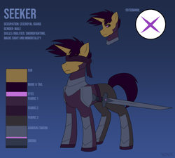 Size: 5064x4567 | Tagged: safe, artist:neoncel, imported from derpibooru, oc, oc only, oc:seeker, pony, unicorn, blindfold, reference sheet, sword, weapon