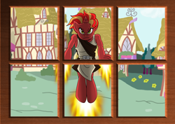 Size: 3436x2428 | Tagged: safe, artist:niban-destikim, imported from derpibooru, oc, oc:pyro, anthro, fire, flying, house, no source, ponyville, this will end in tears, window