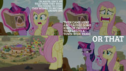 Size: 1986x1117 | Tagged: safe, edit, edited screencap, editor:quoterific, imported from derpibooru, screencap, coco crusoe, fire flicker, fluttershy, jonagold, linky, marmalade jalapeno popette, shoeshine, summer breeze, twilight sparkle, alicorn, pegasus, pony, growing up is hard to do, apple family member, bag, book, duo, duo female, female, flower, friendship student, glowing horn, hoof on chest, horn, magic, magic aura, open mouth, panicking, saddle bag, twilight sparkle (alicorn), wishing flower