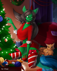 Size: 1026x1280 | Tagged: safe, artist:chessi, imported from derpibooru, oc, oc only, oc:sadie michaels, anthro, cat, choker, christmas, christmas tree, commission, decorating, female, holiday, ribbon, schrödinger's pantsu, tree, ych result