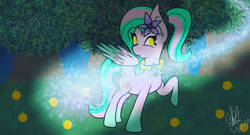 Size: 1280x690 | Tagged: safe, artist:aquabright0219, imported from derpibooru, oc, oc only, pegasus, pony, eyelashes, female, flower, flower in hair, mare, outdoors, pegasus oc, raised hoof, signature, solo, tree, wings