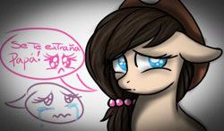 Size: 1280x750 | Tagged: safe, artist:amgiwolf, imported from derpibooru, oc, oc only, earth pony, pony, bust, crying, earth pony oc, hat, offscreen character, pictogram, sad, solo, spanish, talking