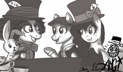 Size: 1280x750 | Tagged: safe, artist:amgiwolf, imported from derpibooru, angel bunny, oc, oc:amgi, pony, rabbit, alice in wonderland, animal, bowtie, bust, card, clothes, eyelashes, female, grin, hat, limited palette, mad hatter, male, mare, ponified, smiling, stallion, top hat, underhoof