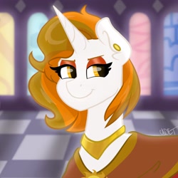 Size: 2048x2048 | Tagged: safe, artist:cadetredshirt, imported from derpibooru, oc, oc only, oc:aurora shinespark, pony, unicorn, bust, canterlot castle interior, commission, digital art, ear piercing, earring, horn, icon, jewelry, piercing, smiling, smug, solo