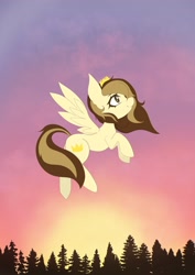 Size: 1448x2048 | Tagged: safe, artist:mantatsubasa_, imported from derpibooru, oc, oc only, oc:prince whateverer, pegasus, pony, crown, flying, jewelry, looking up, regalia, solo, spread wings, sunset, tree, wings