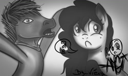 Size: 1210x718 | Tagged: safe, artist:amgiwolf, imported from derpibooru, oc, oc only, oc:amgi, earth pony, pony, bust, duo, earth pony oc, eyelashes, female, frown, grayscale, hoers mask, male, mare, mask, monochrome, signature, stallion