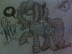 Size: 1600x1200 | Tagged: safe, artist:amgiwolf, imported from derpibooru, oc, oc only, oc:amgi, earth pony, pony, clothes, coffee, cup, earth pony oc, eyes closed, female, graph paper, heart, hoof fluff, mare, pictogram, raised hoof, smiling, solo, teacup, traditional art