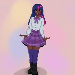 Size: 1080x1080 | Tagged: safe, artist:_denart, artist:rapunzelights, imported from derpibooru, twilight sparkle, human, abstract background, boots, clothes, dark skin, eyelashes, female, grin, humanized, shoes, signature, skirt, smiling, socks, solo