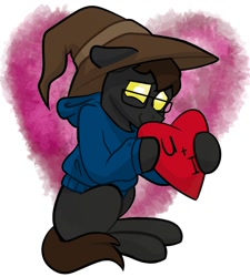 Size: 900x1000 | Tagged: safe, artist:cadetredshirt, imported from derpibooru, oc, oc only, oc:belmont waltz, changeling, pony, brown hair, clothes, commission, digital background, floppy ears, glasses, hat, heart, holiday, hoodie, looking offscreen, oversized hat, shy, simple background, sitting, smiling, solo, sweater, valentine, valentine's day, valentine's day card, ych result, yellow changeling, yellow eyes, your character here