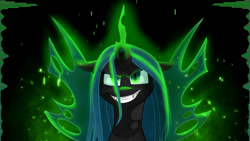 Size: 600x338 | Tagged: safe, artist:cadetredshirt, artist:equestriadaily, imported from derpibooru, queen chrysalis, changeling, changeling queen, female, glow, glowing, glowing eyes, glowing horn, glowing wings, green eyes, horn, looking at you, menacing, smiling, smiling at you, solo, thumbnail, wings