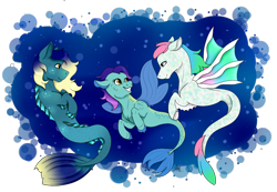 Size: 1120x773 | Tagged: safe, artist:katarikat, imported from derpibooru, oc, oc only, hybrid, merpony, seapony (g4), blue background, bubble, digital art, dorsal fin, family, fin wings, fins, fish tail, flowing mane, flowing tail, looking at each other, ocean, simple background, smiling, tail, teeth, transparent background, underwater, water, wings, yellow eyes