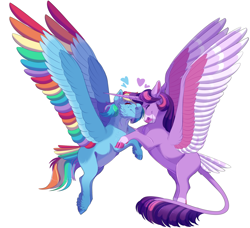 Size: 2300x2100 | Tagged: safe, artist:uunicornicc, imported from derpibooru, rainbow dash, twilight sparkle, alicorn, pony, cloven hooves, colored wings, feathered fetlocks, female, hug, leonine tail, lesbian, missing cutie mark, multicolored wings, rainbow wings, redesign, shipping, simple background, tail feathers, twidash, twilight sparkle (alicorn), white background, wings