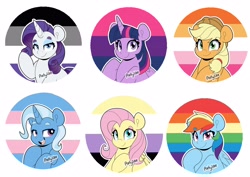 Size: 3508x2490 | Tagged: safe, artist:partylikeanartist, imported from derpibooru, applejack, fluttershy, rainbow dash, rarity, trixie, twilight sparkle, alicorn, earth pony, pegasus, pony, unicorn, asexual, asexual pride flag, bisexual pride flag, female, gay pride, gay pride flag, lesbian pride flag, male, mardi gras, nonbinary, nonbinary pride flag, pride, pride flag, pride ponies, simple background, trans female, trans trixie, transgender, transgender pride flag, twilight sparkle (alicorn), white background