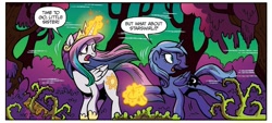 Size: 1335x601 | Tagged: safe, idw, imported from derpibooru, princess celestia, princess luna, alicorn, pony, legends of magic, spoiler:comic, spoiler:comiclom1, alternate dimension, alternate universe, comic, dark forest, duo, duo female, female, implied starswirl, looking back, pulling, siblings, sisters, young celestia, young luna