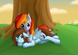 Size: 3350x2360 | Tagged: safe, artist:wapamario63, imported from ponybooru, oc, oc only, oc:shinycyan, oc:tridashie, pegasus, pony, brown mane, brown tail, commission, couple, cute, detailed background, female, grass, house, looking at each other, lying down, mare, orange mane, orange tail, shipping, smiling, sunset, tree, wings, ych result