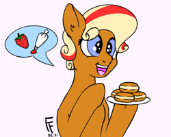 Size: 1280x1024 | Tagged: safe, artist:frecklesfanatic, imported from ponybooru, oc, oc only, earth pony, pony, donut, ear fluff, ears, female, food, mare, open mouth, plate, raised hoof, raised leg, signature, simple background, solo, speech bubble, white background