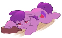 Size: 1104x686 | Tagged: safe, artist:escapist, imported from ponybooru, berry punch, berryshine, earth pony, pony, alcohol, bottle, ear down, female, frog (hoof), laying on stomach, lidded eyes, lying down, mare, solo, underhoof
