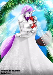 Size: 2480x3508 | Tagged: safe, artist:xsan, imported from ponybooru, oc, oc only, oc:pink hugs, oc:zaknel, anthro, unicorn, age difference, clothes, crossdressing, crying, dress, eyes closed, female, gloves, hug, imminent kissing, incest, male, mother and child, mother and son, shipping, signature, story included, straight, wedding dress, wedding veil