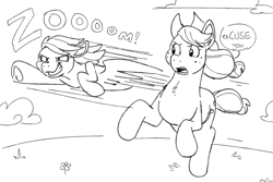 Size: 1200x800 | Tagged: safe, artist:goat train, imported from ponybooru, applejack, rainbow dash, earth pony, pegasus, pony, black and white, duo, female, flying, grayscale, mare, monochrome