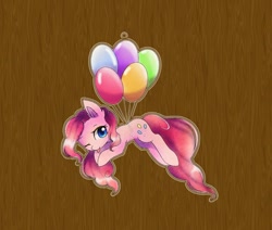 Size: 1080x916 | Tagged: safe, alternate version, artist:aleuoliver, imported from derpibooru, pinkie pie, earth pony, pony, :p, balloon, ear fluff, eyelashes, female, floating, flying, mare, one eye closed, solo, then watch her balloons lift her up to the sky, tongue out, wink