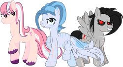 Size: 3301x1798 | Tagged: safe, artist:lincolnbrewsterfan, derpibooru exclusive, imported from derpibooru, oc, oc only, oc:artic trek, oc:cyber-dark, oc:pastel stars, earth pony, original species, pegasus, pony, cyber-questria, .svg available, black sclera, colored sclera, female, kitsune, kitsune pony, mare, markings, multicolored hair, scar, simple background, svg, transparent background, vector