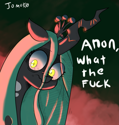Size: 1145x1201 | Tagged: safe, artist:jomok0, imported from ponybooru, queen chrysalis, changeling, changeling queen, dialogue, disgusted, female, grossed out, looking at you, reaction image, simple background, solo, text, three quarter view, vulgar
