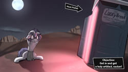 Size: 1920x1080 | Tagged: safe, artist:triplesevens, imported from ponybooru, oc, oc only, oc:triple sevens, pony, unicorn, coat markings, desert, face paint, male, moon, night, outdoors, outhouse, portal, socks (coat marking), solo, text, two toned mane, two toned tail, worried