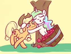 Size: 1408x1074 | Tagged: artist needed, source needed, safe, applejack, princess celestia, alicorn, earth pony, pony, apple, apple tree, applejack's hat, blushing, bucket, cowboy hat, duo, duo female, eyes closed, female, food, freckles, hat, horn, hug, mare, open mouth, ponytail, simple background, surprise hug, tree, wings, yellow background