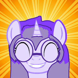 Size: 1252x1252 | Tagged: safe, artist:katliynrusshia, artist:mellow91, imported from derpibooru, oc, oc:glass sight, unicorn, cute, eyes closed, female, glasses, grin, happy, mare, ocbetes, shine, smiling, sunburst background