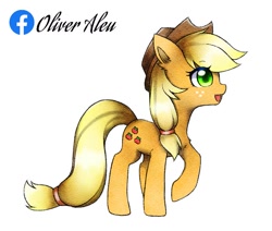 Size: 827x700 | Tagged: safe, artist:aleuoliver, artist:aleurajan, imported from derpibooru, applejack, earth pony, pony, chest fluff, cowboy hat, ear fluff, eyelashes, female, freckles, hat, mare, open mouth, raised hoof, simple background, solo, white background