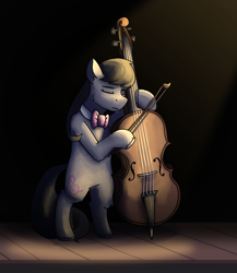 Size: 2225x2560 | Tagged: safe, artist:applejackofalltrades, imported from derpibooru, octavia melody, earth pony, pony, bow (instrument), bowtie, cello, cello bow, eyes closed, musical instrument, playing instrument, solo, spotlight