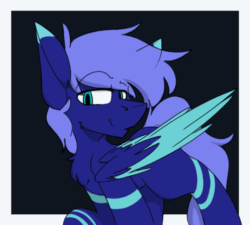 Size: 1038x934 | Tagged: safe, artist:kirbirb, imported from derpibooru, oc, oc only, pegasus, pony, animated, eye clipping through hair, eyebrows, eyebrows visible through hair, gif, raffle prize, raised hoof, smiling, solo, spread wings, two toned wings, wings