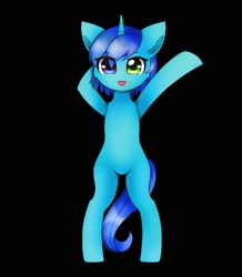 Size: 1468x1680 | Tagged: safe, artist:aleuoliver, artist:aleurajan, imported from derpibooru, oc, oc only, pony, unicorn, arm behind head, bipedal, black background, heterochromia, horn, open mouth, simple background, smiling, solo, unicorn oc, waving