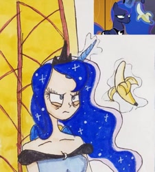 Size: 539x596 | Tagged: safe, artist:lunaart, imported from derpibooru, screencap, princess luna, alicorn, human, pony, a royal problem, alicorn humanization, bags under eyes, banana, bare shoulders, breasts, cleavage, cute, female, food, glowing horn, horn, horned humanization, humanized, luna is not amused, lunabetes, magic, magic aura, scene interpretation, solo, tired eyes, unamused, winged humanization, wings