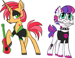 Size: 895x695 | Tagged: safe, artist:northernlightsone, imported from derpibooru, oc, oc only, oc:drum belle, oc:rocka belle, earth pony, pony, unicorn, icey-verse, blank flank, choker, clothes, drumsticks, duo, ear piercing, earring, eyeshadow, female, grin, guitar, jacket, jewelry, leather jacket, lip piercing, magical lesbian spawn, makeup, mare, mouth hold, multicolored hair, musical instrument, offspring, open mouth, parent:babs seed, parent:sweetie belle, parents:babsbelle, piercing, raised hoof, shirt, siblings, simple background, sisters, skull, smiling, spiked choker, t-shirt, tattoo, unshorn fetlocks, white background