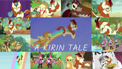 Size: 1966x1108 | Tagged: safe, edit, edited screencap, editor:quoterific, imported from derpibooru, screencap, applejack, autumn afternoon, autumn blaze, cinder glow, rain shine, spring glow, summer flare, winter flame, earth pony, kirin, nirik, pony, sounds of silence, applejack's hat, cowboy hat, duo, duo female, eyes closed, female, floppy ears, gritted teeth, hat, musical instrument, open mouth, organ, phantom of the opera, rainbow, running, sad, solo, stream of silence, teeth