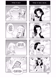 Size: 5339x7465 | Tagged: safe, artist:bidzinha, imported from derpibooru, applejack, rainbow dash, rarity, equestria girls, 4koma, cellphone, comic, female, halftone, lesbian, monochrome, phone, rarijack, selfie, shipper on deck, shipping