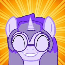 Size: 1252x1252 | Tagged: safe, artist:mellow91, imported from derpibooru, oc, oc only, oc:glass sight, pony, unicorn, bust, cute, eyes closed, female, glasses, grin, happy, mare, ocbetes, portrait, shine, shiny, smiling, sunburst background