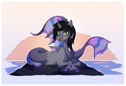 Size: 2826x1936 | Tagged: safe, artist:aureai, imported from derpibooru, siren, cloven hooves, commission, crossed hooves, curved horn, fangs, fins, fish tail, happy, horn, kellin quinn, looking at you, lying down, ocean, open mouth, ponified, prone, rock, scales, signature, solo, sunset, water